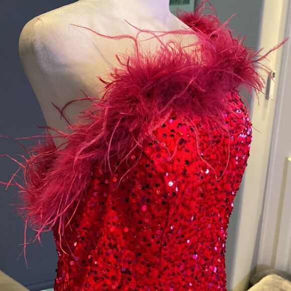 Women’s Pink Short Feather & Sequin One Shoulder Prom Party Dress Size 14 *READ - Picture 3 of 16